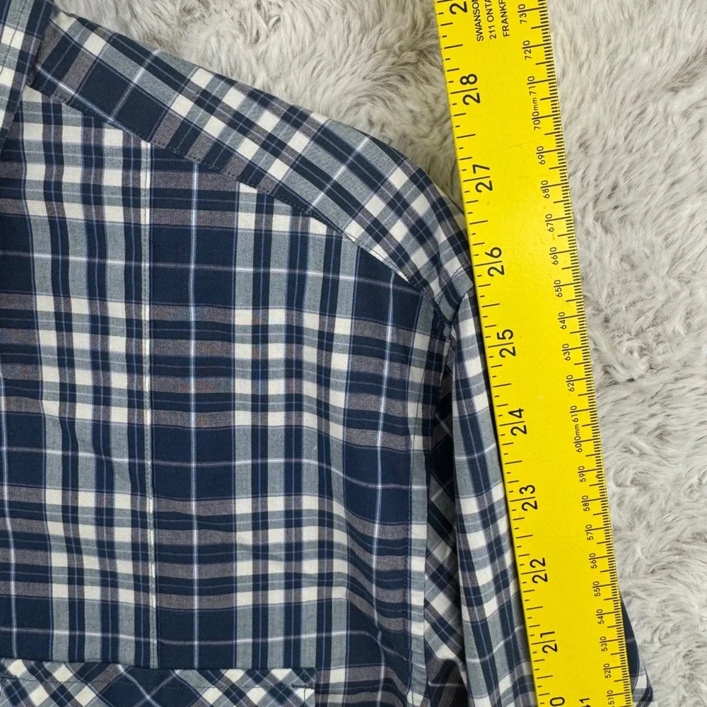 Banana Republic Button Down Shirt Men L Navy Blue Plaid Stretch Long Sleeve 6720